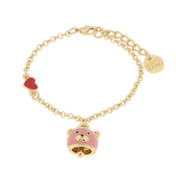 Bracciale Metallo Con Orso Rosa E Cuore Rosso